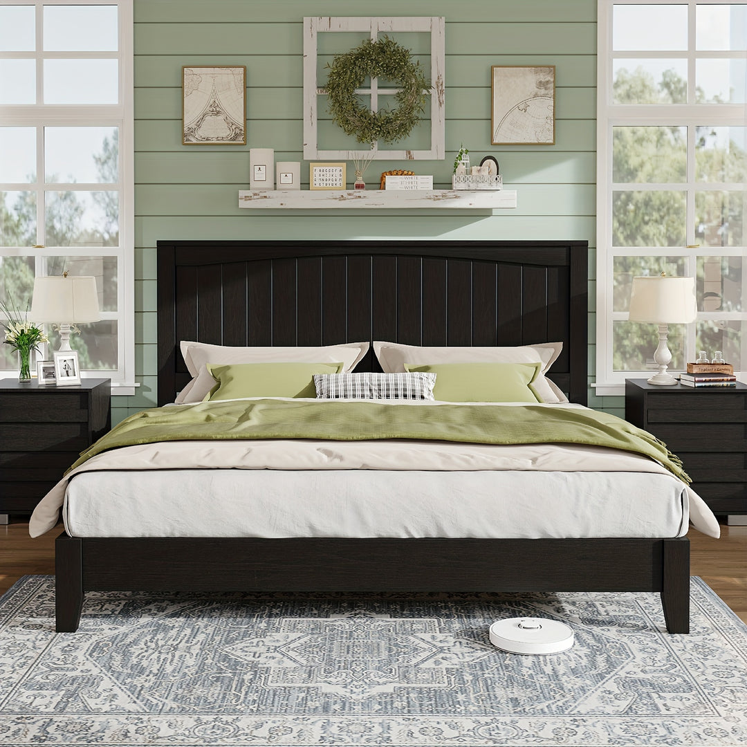 Mid-Century Modern Solid Wood Platform Bed Frame With Arched Headboard, Noise-Free Design, No Box Spring Required