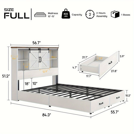 Wood Platform Bed Frame with 51.2" Bookcase Headboard, Storage Bed with Sliding Barn Door Charging Station 2 Drawers, No Box Spring Needed/Noise Free/Farmhouse