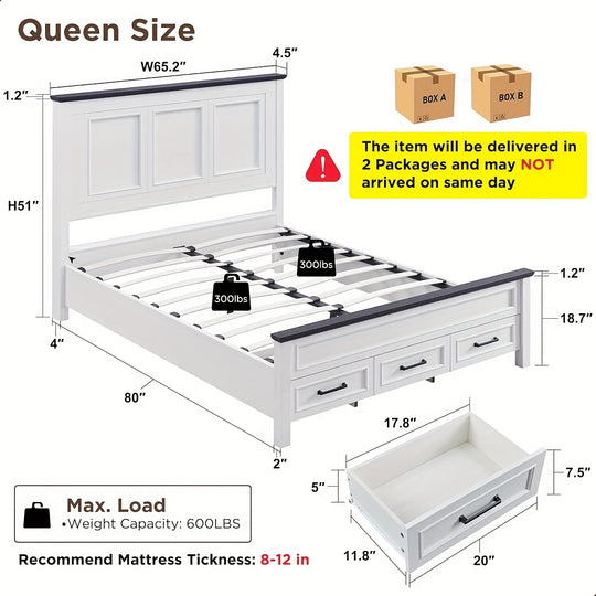 Farmhouse Queen Size Bed Frame With 52" Tall Full-Panel Headboard, Wood Platform Bedframe With Footboard And Storage Drawers, No Squeak, No Box Spring Needed