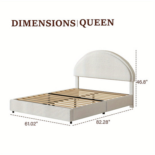 Twin Full Queen King Bed Frame, Boucle Upholstered Platform Bed Frame With Headboard, Modern Style, Soft Arch Shaped Round Headboard, No Box Spring Required, Easy Assembly, White