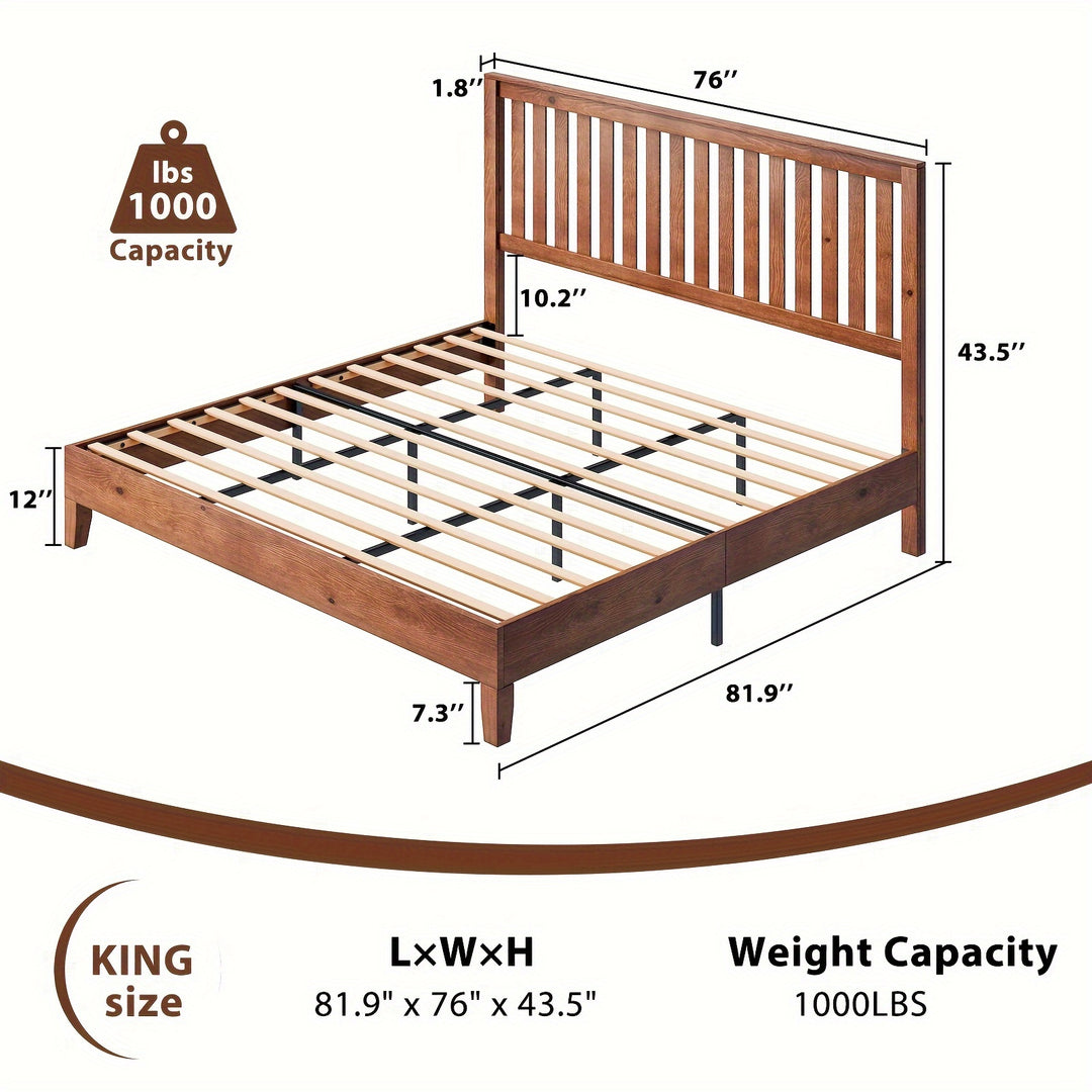 Solid Wood Bed Frame with Headboard, Mid-Century Platform Bed with Wood Slat Support/No Box Spring Needed/Easy Assembly