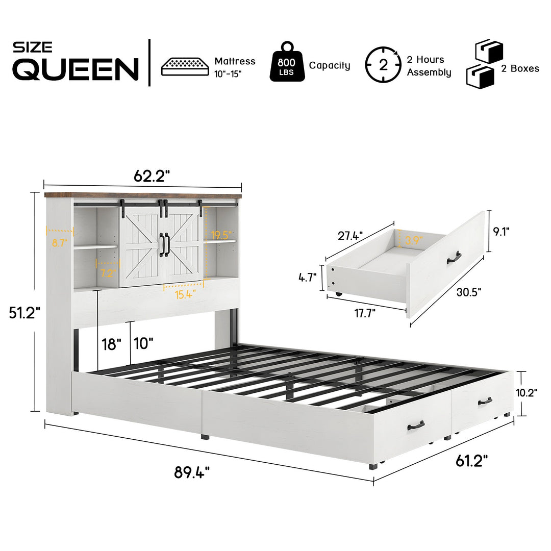 Farmhouse-Style Wooden Platform Bed Frame Boasting a 51.2" Bookcase Headboard, Integrated Storage with a Sliding Barn Door Charging Station and 2 Drawers - No Box Spring Required, Totally Noise-Free