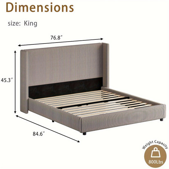 Upholstered Bed Frame, Corduroy Platform Bed With Vertical Channel Tufted Headboard, Soft Low Profile Bed, No Box Spring Needed, Easy Assembly