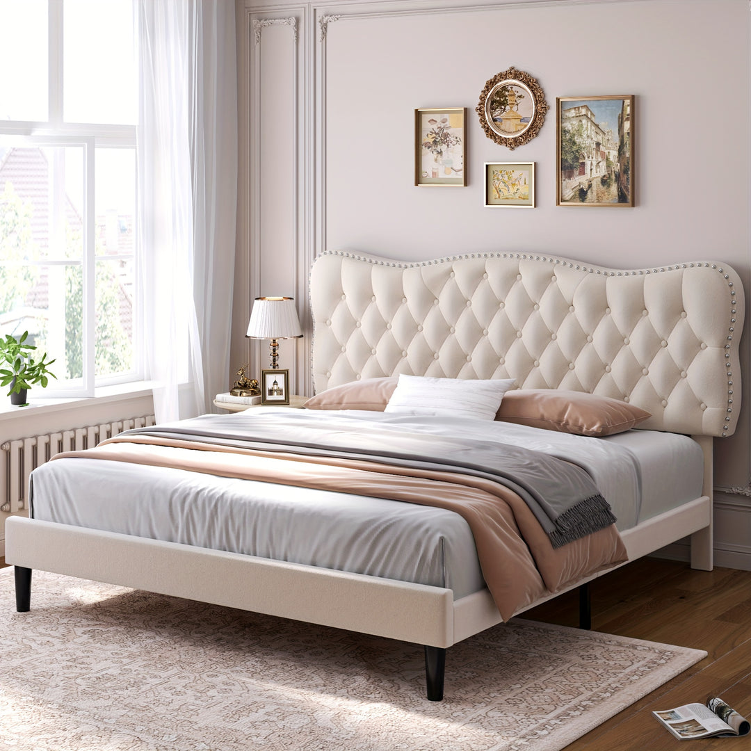 FULTRU Full/Queen/King Bed Frame, Velvet/Linen Fabric Upholstered Platform Frame, Modern Bed with Adjustable Headboard, Diamond Tufted Mattress Foundation Wood Slats, Easy Assembly, No Box Spring Needed