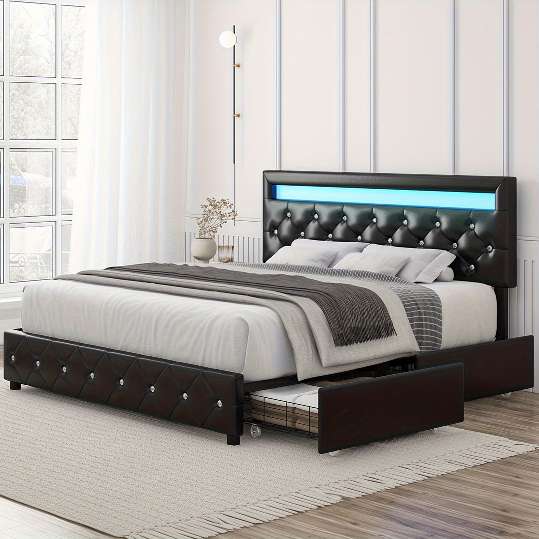 Full/Queen/King Size Upholstered Bed Frame With LED Lights Headboard And 4 Storage Drawers, Platform Bed With Crystal Button Tufted Headboard, No Box Spring Needed, Faux Leather/Velvet Fabric, White/Black/Velvet Beige