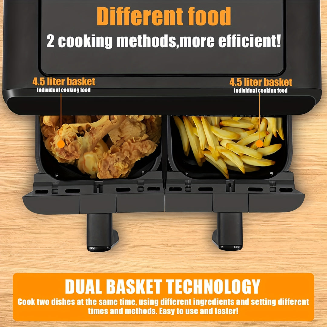 1800W 9L Double Air Fryer with 2 x 4.5L Independent Baskets, Dual Zone Family Size Healthy Oil-free Air Fryer Oven, Cookbook, 10 Presets & Digital LED Display