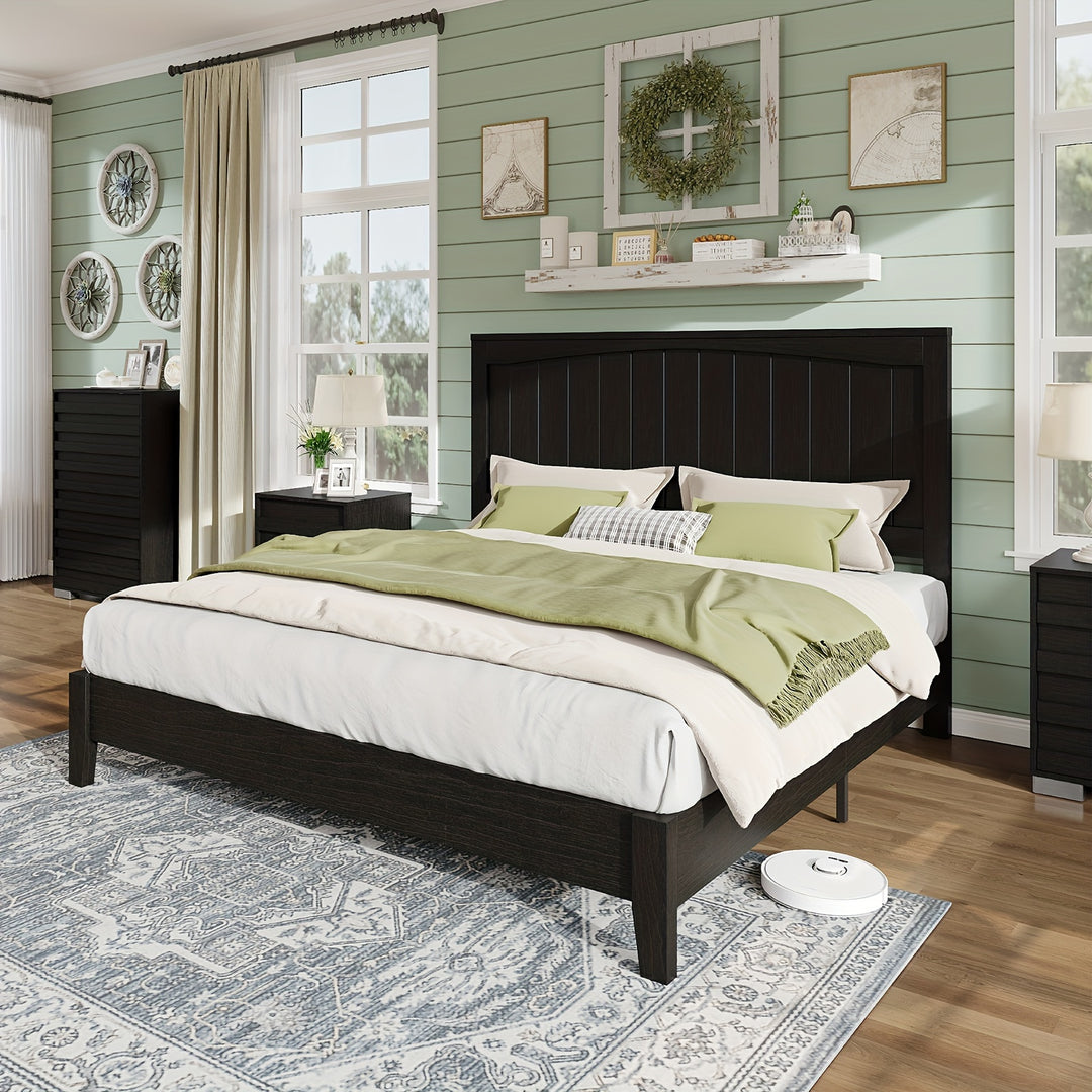 Mid-Century Modern Solid Wood Platform Bed Frame With Arched Headboard, Noise-Free Design, No Box Spring Required