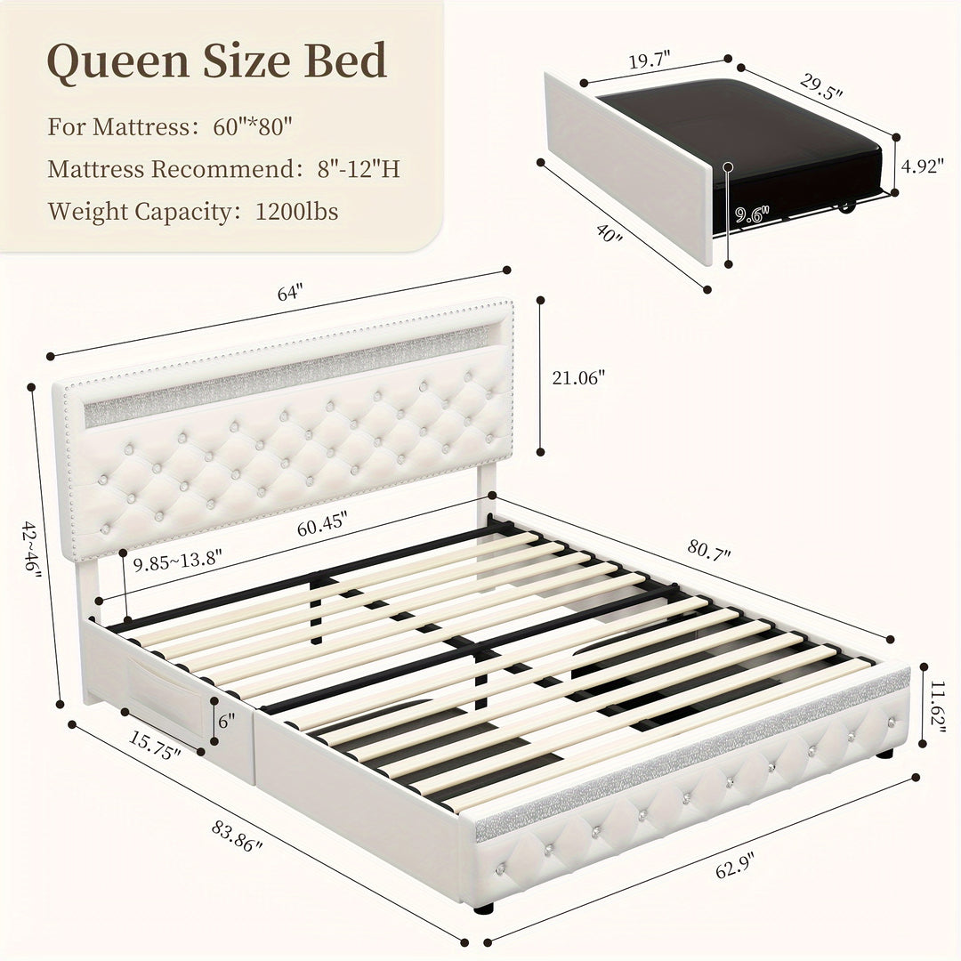 Sibeds Queen Size Bed Frame, LED Lights, Storage Drawers, Tufted Headboard, No Box Spring Needed