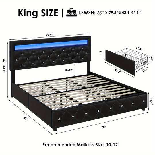 Full/Queen/King Size Upholstered Bed Frame With LED Lights Headboard And 4 Storage Drawers, Platform Bed With Crystal Button Tufted Headboard, No Box Spring Needed, Faux Leather/Velvet Fabric, White/Black/Velvet Beige