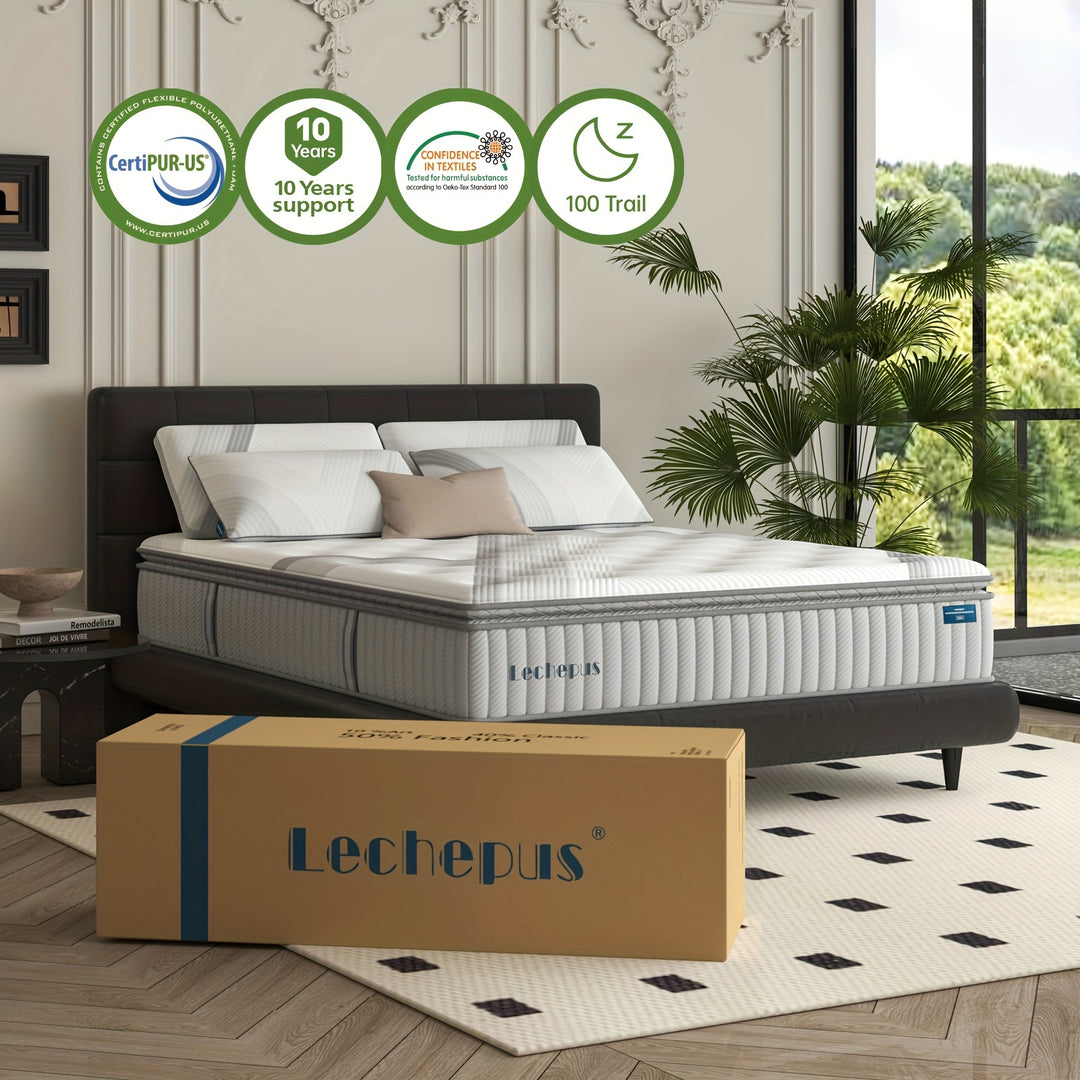 1pc Lechepus Mattresses, 12 Inch Cooling Gel Memory Foam Hybrid Mattress With Individual Pocket Springs For Back Pain Relief, Medium Feel Bed Mattress In Box, Fiberglass Free