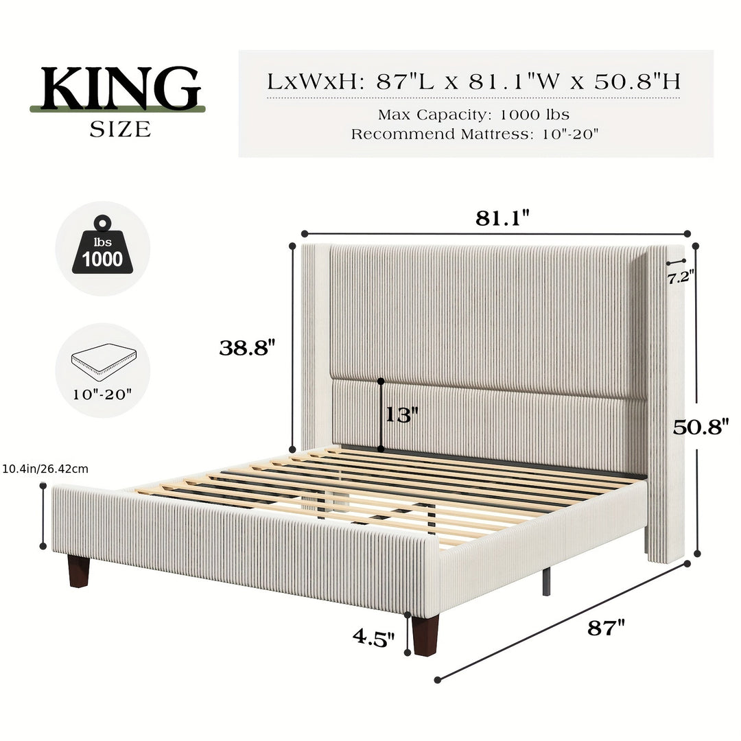 50.8" Upholstered Platform Bed Frame, Corduroy Bed Frame with Wingback Headboard with Solid Wood Legs, No Box Spring Needed