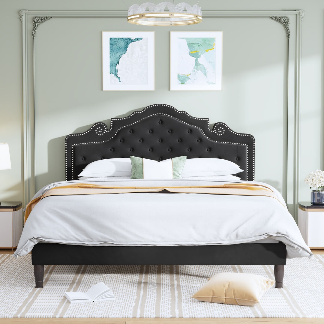 WEEWAY Upholstered Bed Frame, Adjustable Curved Headboard, High Resilience, Diamond Tufted