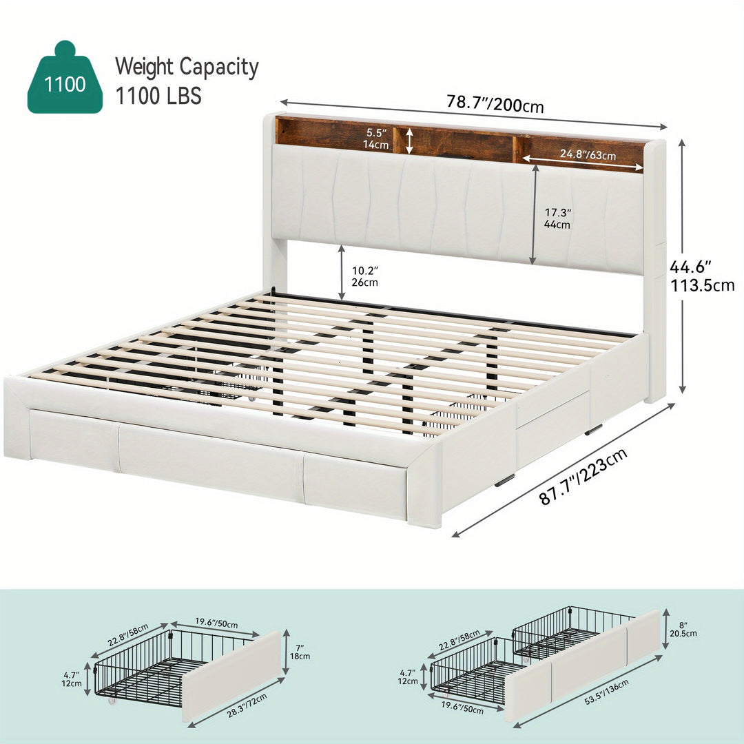 FurnaNova King Size Bed Frame, Storage Bed Frame w/ LED Lighting & 4 Drawers, Upholstered Platform Bed Frame with Charging Station & Storage Headboard, No Box Spring Required, Easy Assembly, Beige