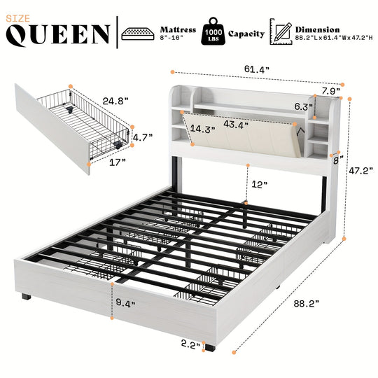 Upholstered Platform Bed Frame With 4 Storage Drawers, Industrial Design, Bookcase Headboard, And Built-in Charging Station