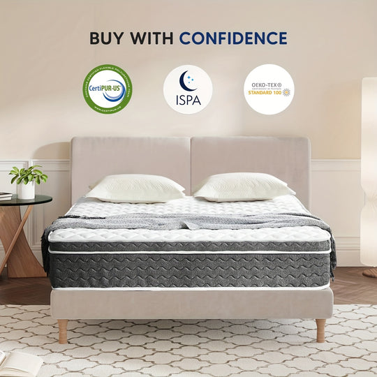 12"Cooling Gel Hybrid Mattress, Medium Firm, Hybrid Of Cooling Gel Infused Memory Foam And Pocket Spring Mattress, Stress Relieving, No Noise