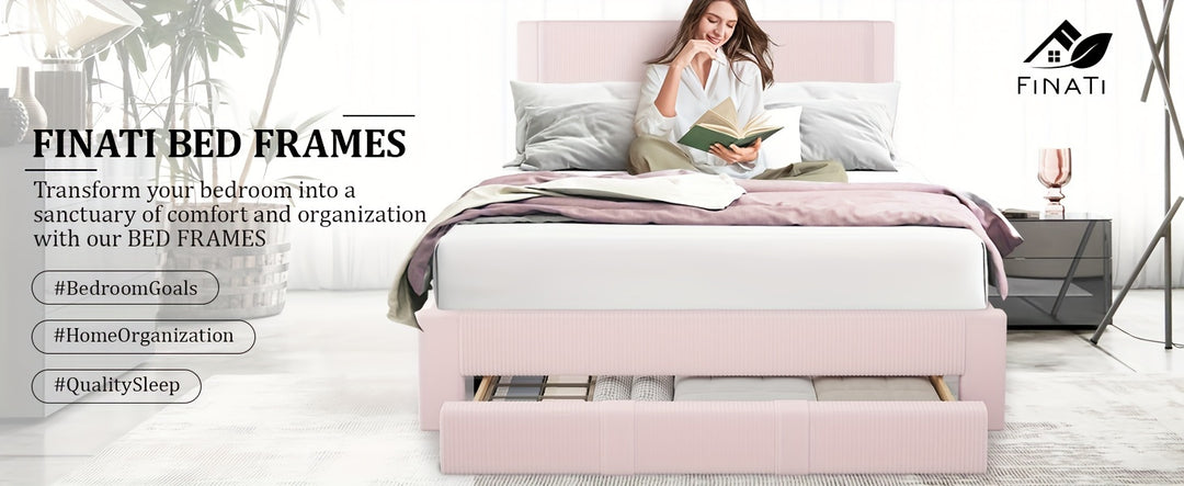 Queen Size Velvet Upholstered Bed Frame with Storage, Wood Platform Bed, 12 Slats, Wheels, Pink, Grey