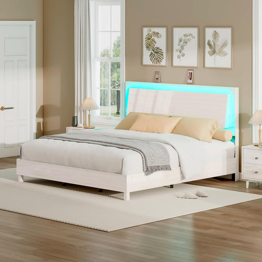 Contemporary Gloss Bed Frame with LED Headboard, Ergonomic Floating Design, Platform Style - No Box Spring Needed, Available in White