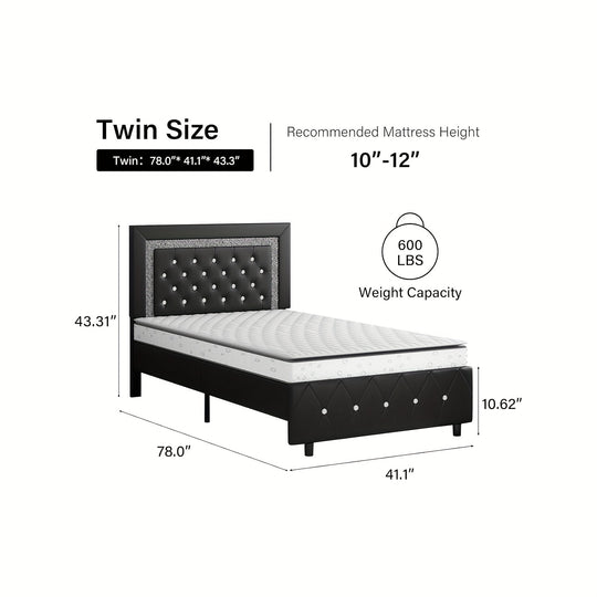 Upholstered Bed Frame  with Diamond Tufted Headboard, Faux Leather Headboard & Footboard, Wooden Slats Support, No Box Spring Needed, Easy Assembly, Black