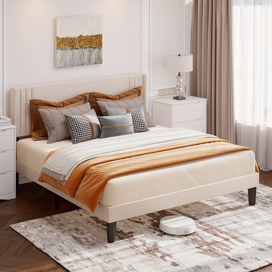 Stylish Full Bed Frame Featuring A Distinct Wingback Headboard, Modern Geometric Upholstered Platform, Solid Wooden Slats For A Noise-Free Rest, No Box Spring Necessary, Beige