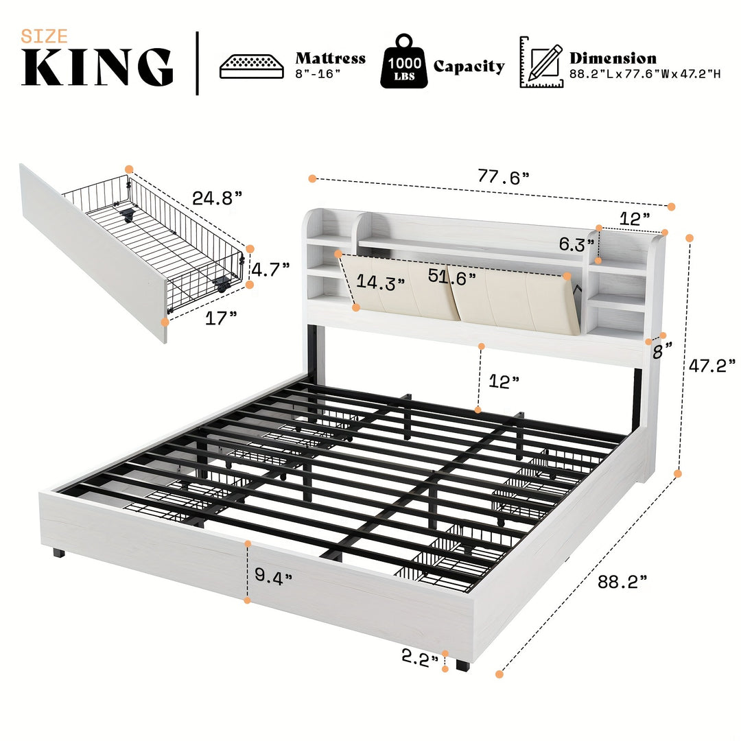 Upholstered Bed Frame With 4 Storage Drawers, Industrial Bed Frame With 47.2" Bookcase Headboard, Wooden Platform Bed With Charging Station And Drawers