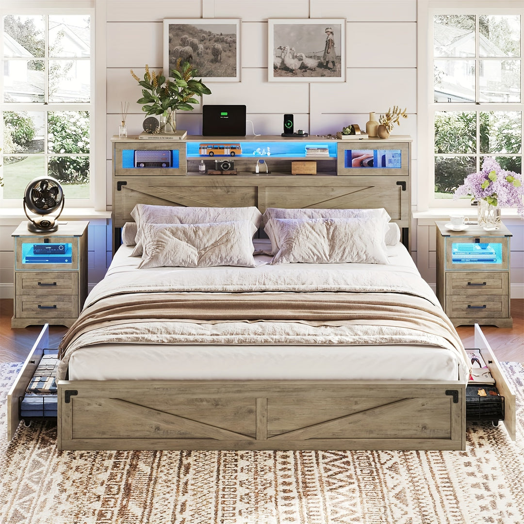 Farmhouse Platform Bed Frame With Drawers And Storage Shelves, King Metal Bed With LED Lights And Power Outlets, Oak Grey