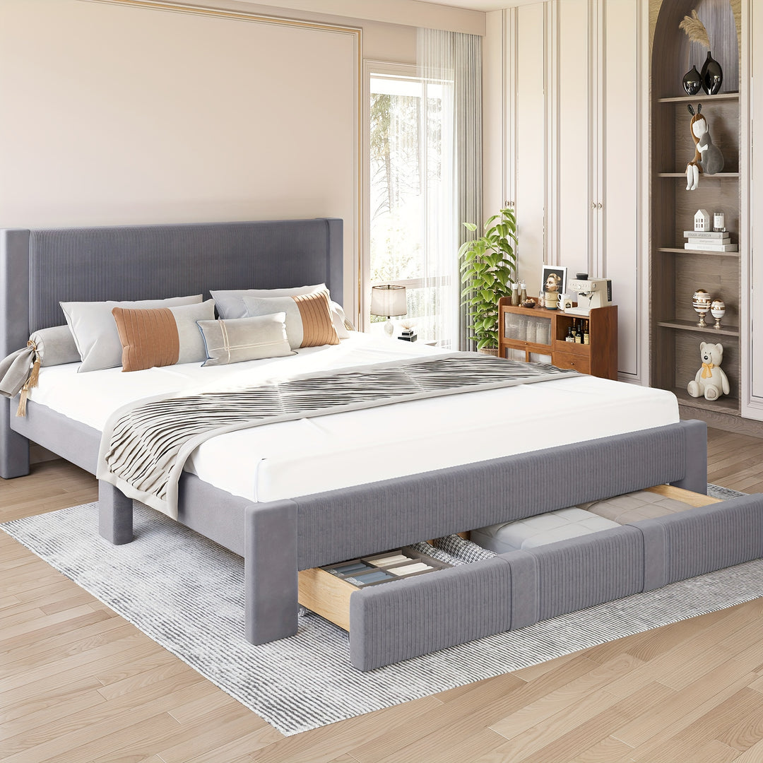 Queen Size Velvet Upholstered Bed Frame with Storage, Wood Platform Bed, 12 Slats, Wheels, Pink, Grey