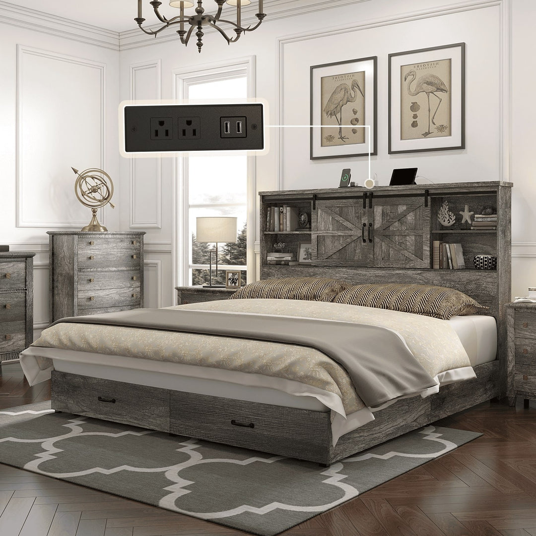 Farmhouse-Style Wooden Platform Bed Frame Boasting a 51.2" Bookcase Headboard, Integrated Storage with a Sliding Barn Door Charging Station and 2 Drawers - No Box Spring Required, Totally Noise-Free