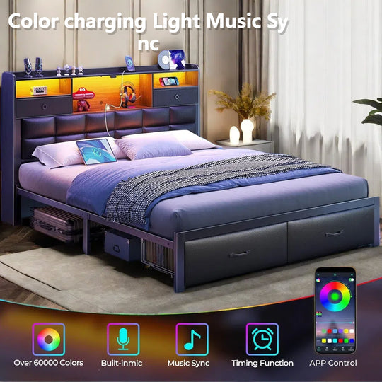 Bed Frame Full/Queen/King Size with Drawers and Charging Station, Upholstered Platform Bed with Storage Headboard and LED Light, Heavy Duty Metal Frame Support, No Box Spring Needed, Noise Free,