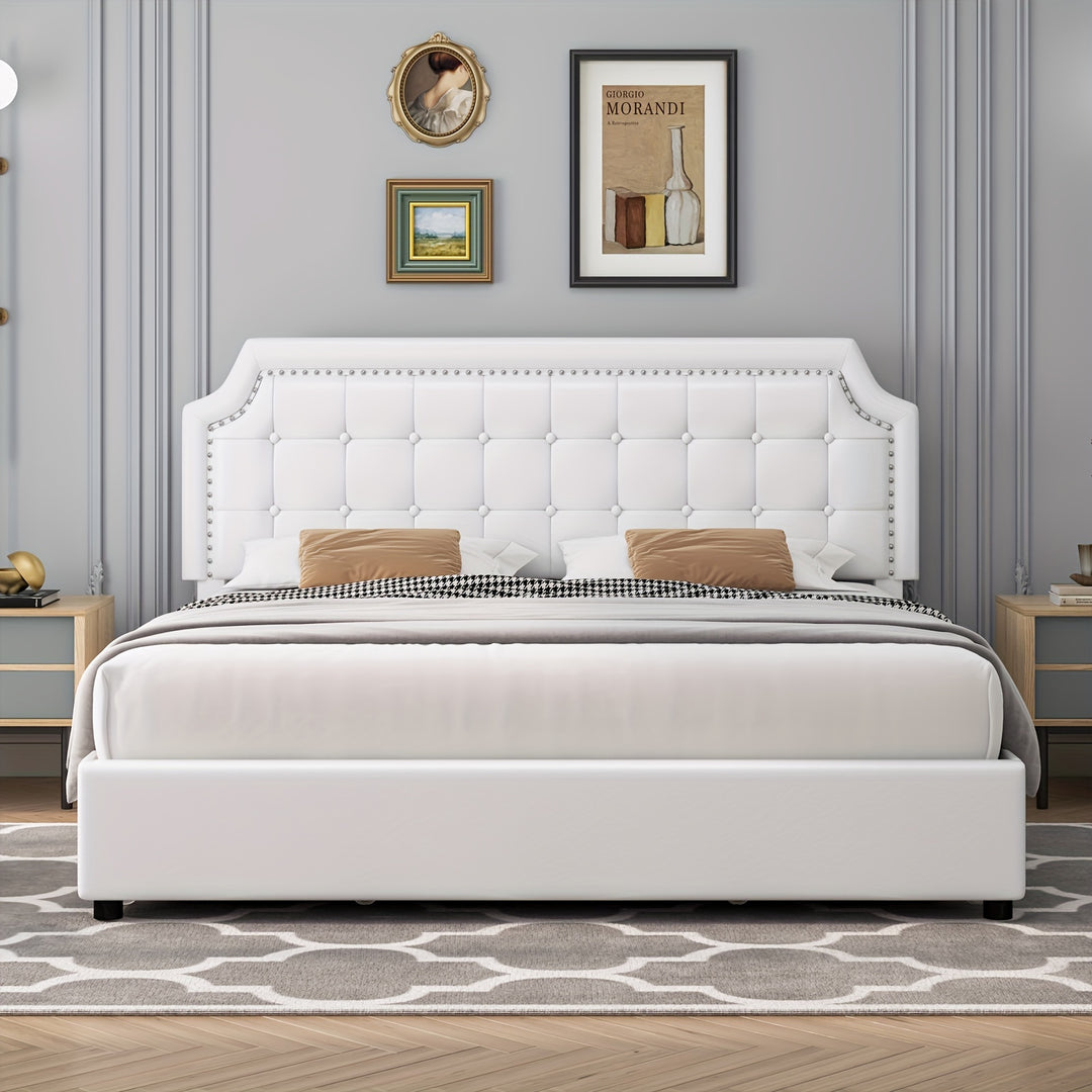 Upholstered Bed Frame with Storage Drawers, Platform Bed with Curved Button Tufted Headboard with Nailhead Trim, Solid Wooden Slats Support, No Box Spring Needed, Beige, White, Black, Full, Queen, King