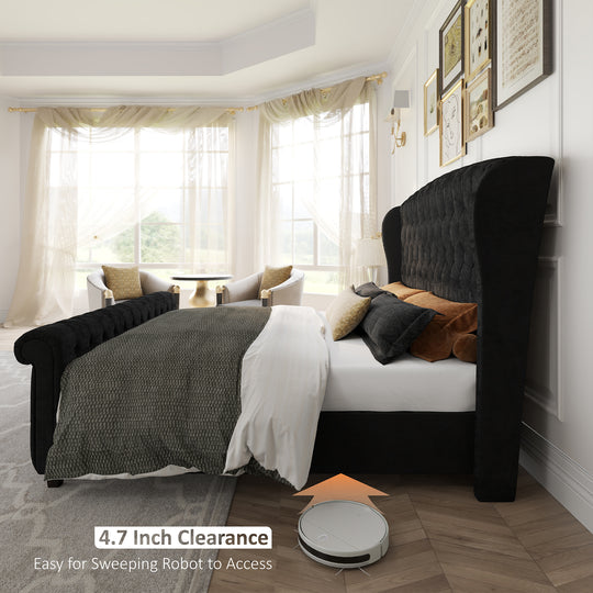 Luxurious Chenille-Upholstered Platform Bed Frame Collection: Ornamented with Scroll-Patterned Wingback Headboard & Matching Footboard, Button-Tufted Finishes, Box Spring-Free Configuration