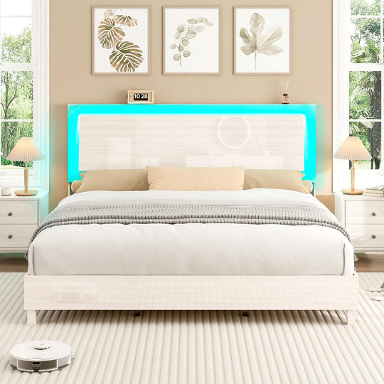 Contemporary Gloss Bed Frame with LED Headboard, Ergonomic Floating Design, Platform Style - No Box Spring Needed, Available in White