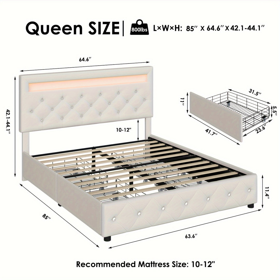 Full/Queen/King Size Upholstered Bed Frame With LED Lights Headboard And 4 Storage Drawers, Platform Bed With Crystal Button Tufted Headboard, No Box Spring Needed, Faux Leather/Velvet Fabric, White/Black/Velvet Beige