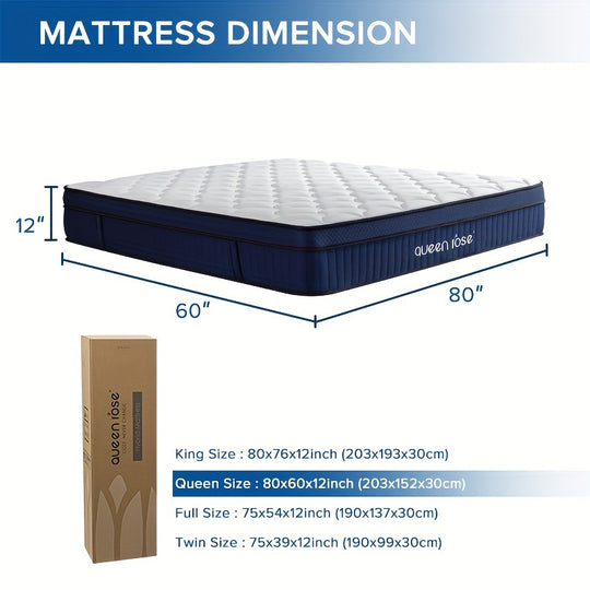 Queen Rose 12inch Hybrid Mattress, Independent Spring, Innovative Comfort, Cooling And Breathable, Partner-Friendly