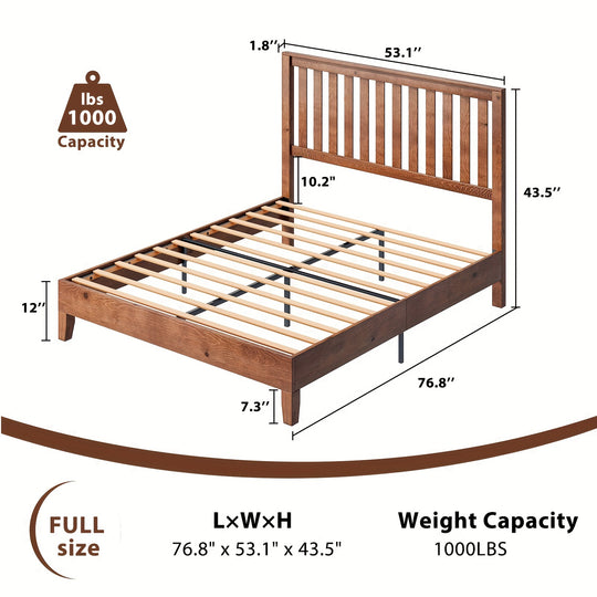 Solid Wood Bed Frame with Headboard, Mid-Century Platform Bed with Wood Slat Support/No Box Spring Needed/Easy Assembly