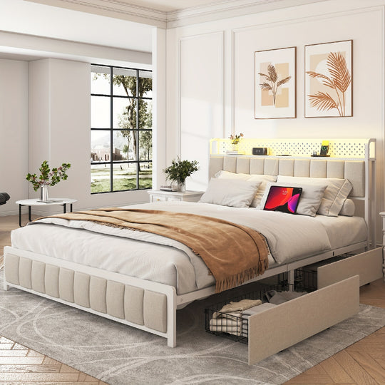 Platform Bed With 4 Drawers, Metal Bed Frame With LED Lights And Charging Station, No Box Spring Needed, (Beige), Noise Free, Easy Assemble