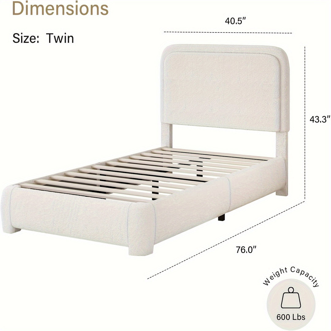 Upholstered Platform Bed Frame, Modern Style, Soft Rounded Corners, Noise Free, Easy Assembly, Off White Boucle