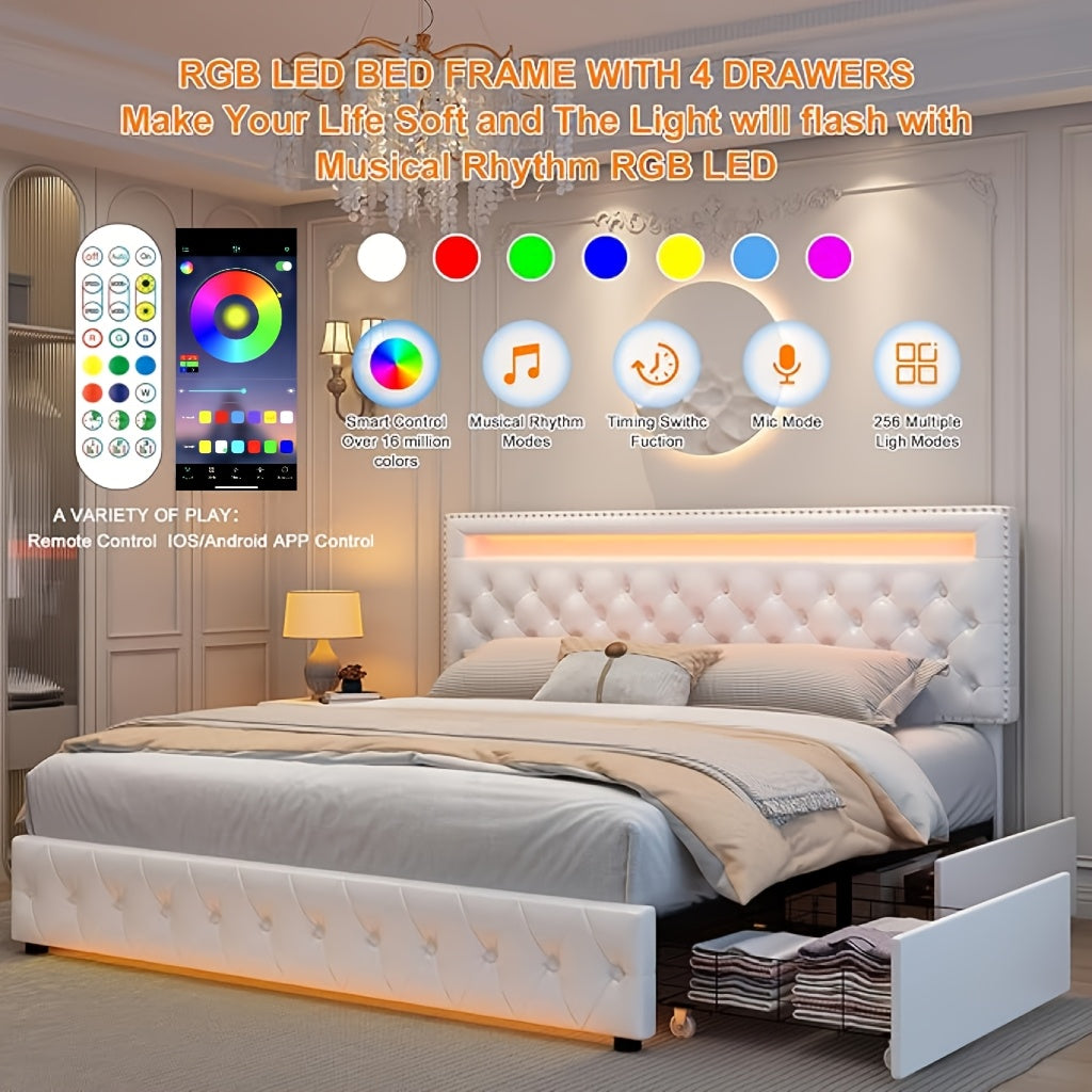 King Led Smart Bed Frame With 4 Storage Drawers, Smart Control RGBW LED Lights Headboard Footboard, Control DIY Color, Box Spring Optional, Girls Bedroom Furniture Luxury Bed Frame Velvet Off-White