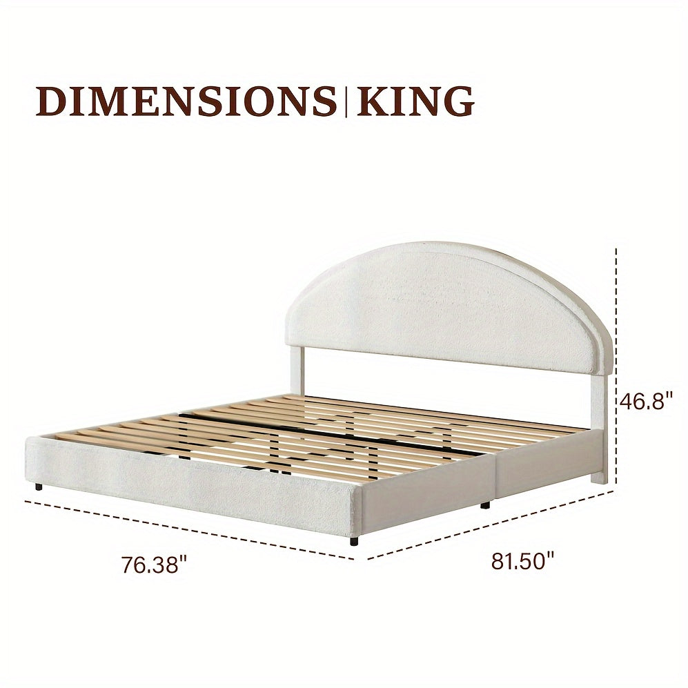 Twin Full Queen King Bed Frame, Boucle Upholstered Platform Bed Frame With Headboard, Modern Style, Soft Arch Shaped Round Headboard, No Box Spring Required, Easy Assembly, White