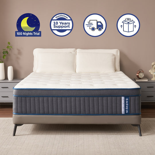 1pc Queen Size, Lechepus 14 Inch Medium Plush Hybrid Mattress, Gel Memory Foam & Pocket Springs, Fiberglass Free, Back Pain Relief, Comfort Bed In Box