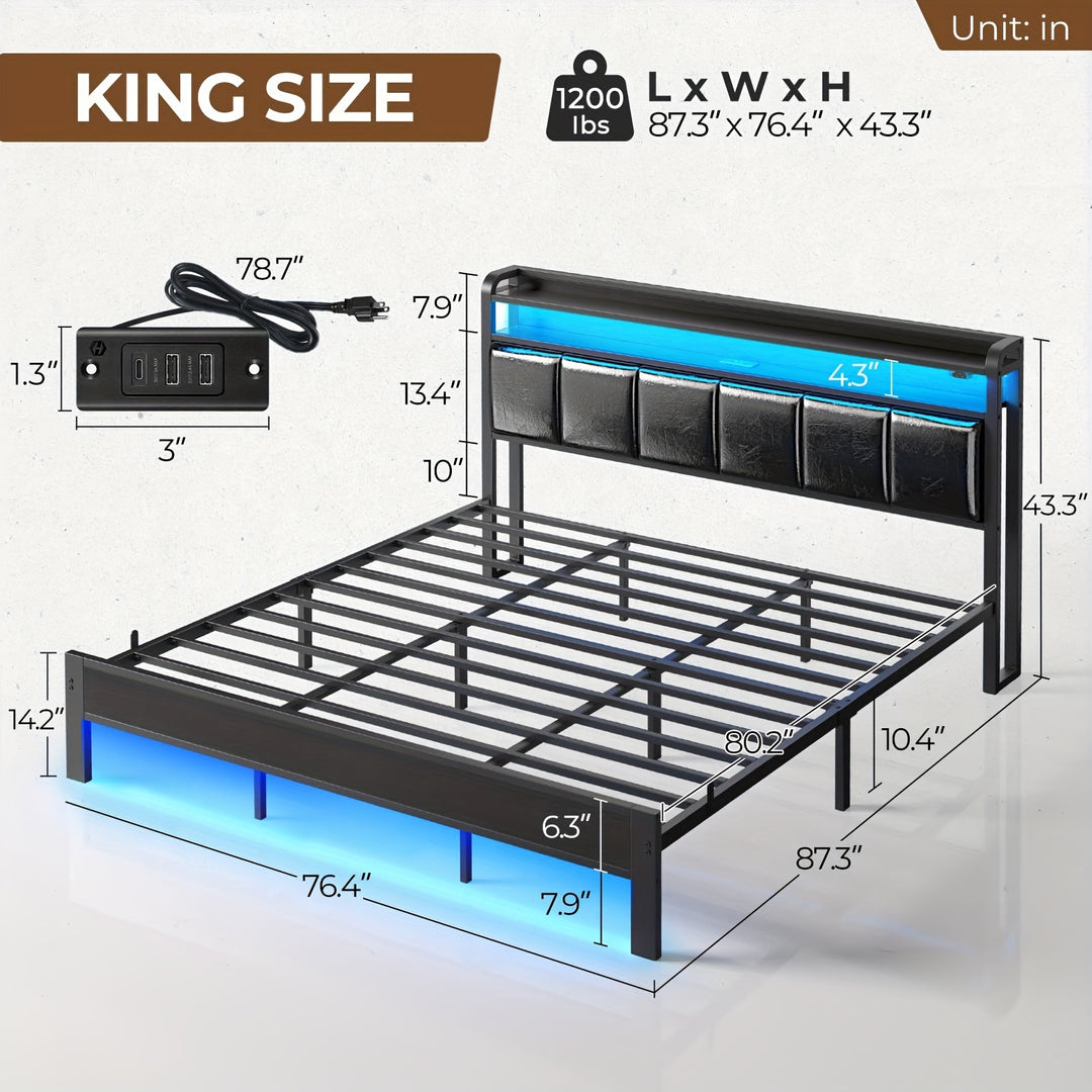 Twin/Full/King/Queen Size Bed Frame Avaliable, Bed Frame With Charging Station And Storage Headboard, Upholstered Bed With Heavy Duty Wood Slats, No Box Spring Needed, Noise Free, Easy Assembly