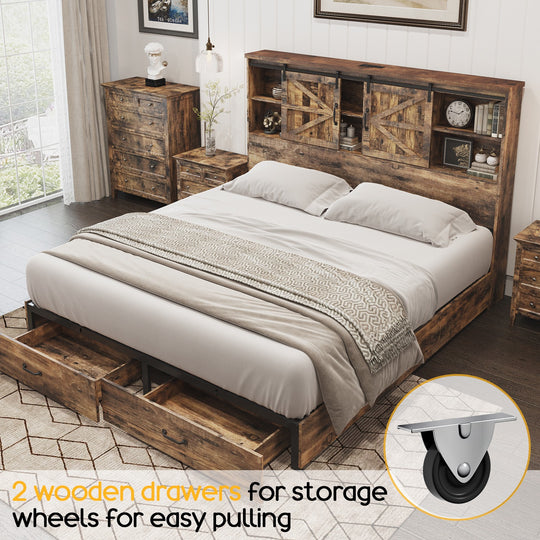 Farmhouse-Style Wooden Platform Bed Frame Boasting a 51.2" Bookcase Headboard, Integrated Storage with a Sliding Barn Door Charging Station and 2 Drawers - No Box Spring Required, Totally Noise-Free