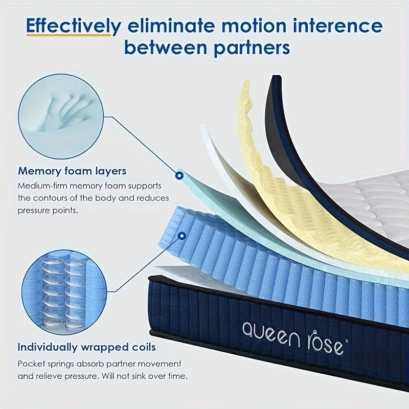 QUEEN ROSE Queen Mattress, 12 Inch Memory Foam Mattress, Pillow Top Mattress in a Box with Individual Pocket Spring for Motion Isolation and Silent Sleep, Pressure Relief