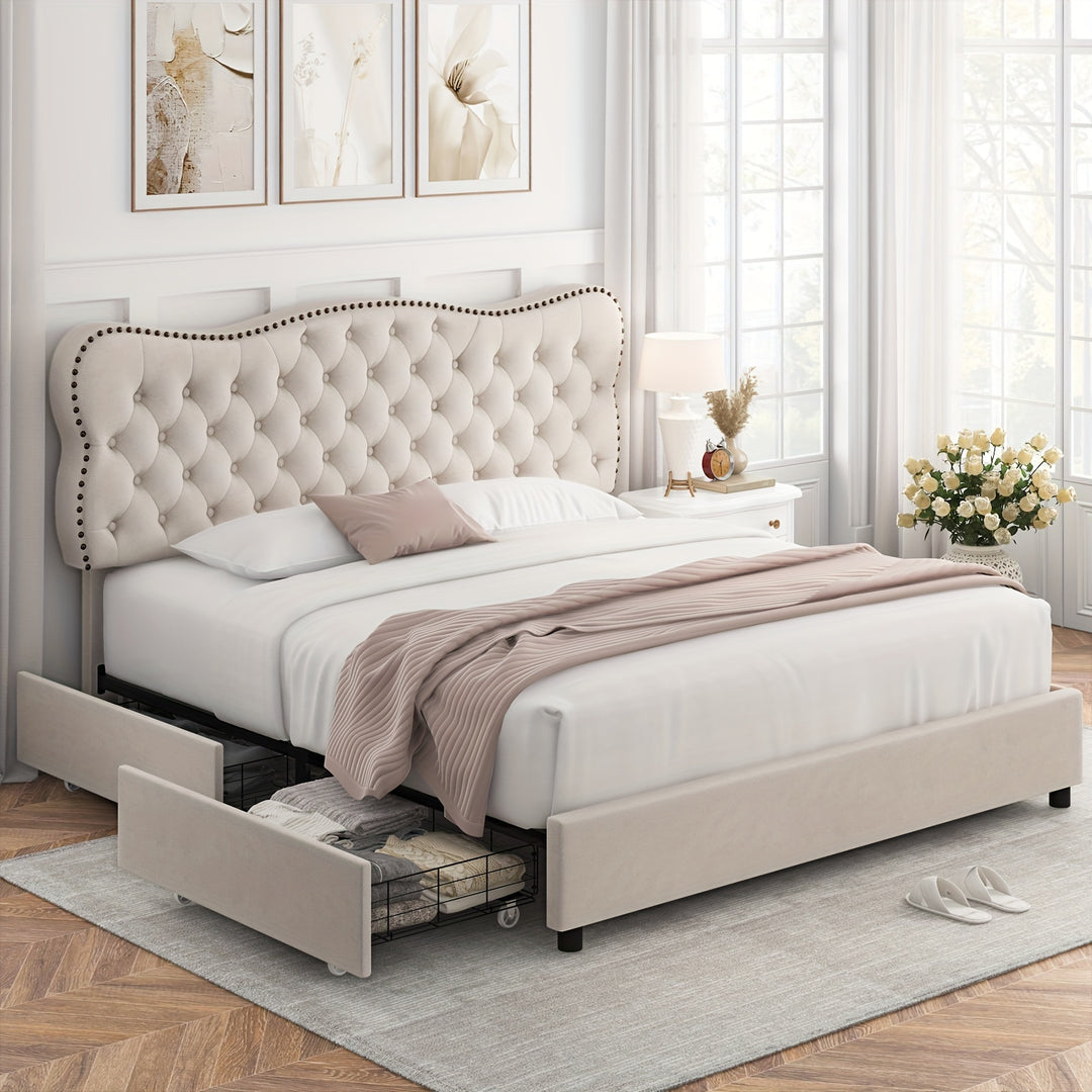 FULTRU Full/Queen/King Bed Frame with 4 Storage Drawers, Upholstered Platform Bed Frame with Button Tufted Headboard, Heavy Duty Mattress Foundation with Wooden Slats, No Box Spring Needed