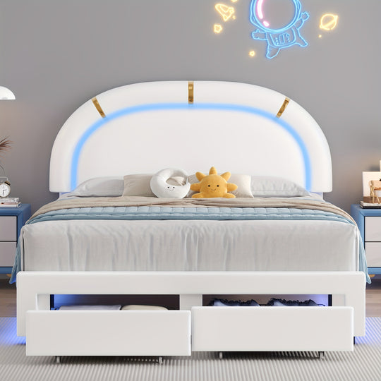 LED Bed Frame with 2 Storage Drawers, Modern Smart Faux Leather Upholstered Platform Bed Frame with Adjustable Semicircle Headboard