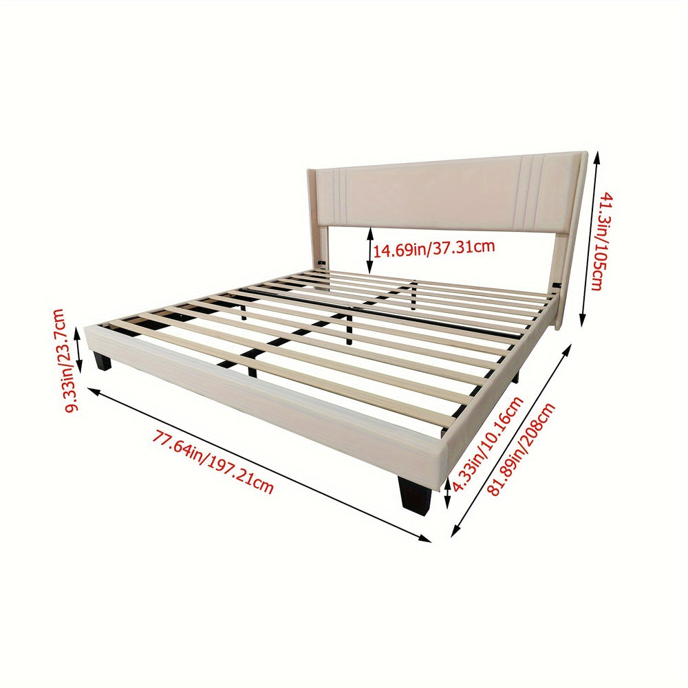 1 Set Wholesale Metal Platform King Size (beige) Simplicity Bed Frame with Velvet Upholstered Headboard and Footboard, Strong Metal Slats Support Mattress Foundation (82 in/208 cm*78 in/197 cm)(Precision iron, pipe thickness