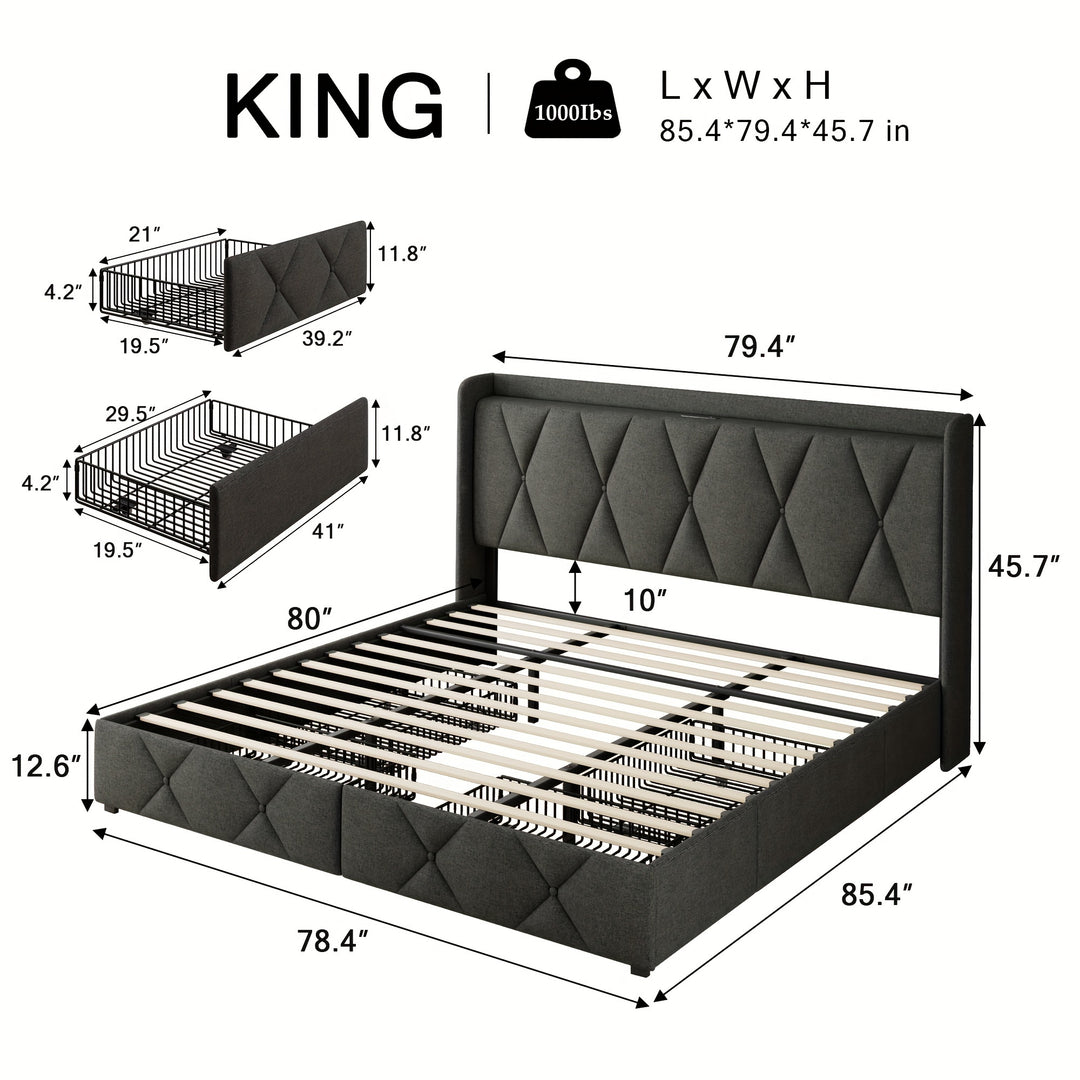 Full Size Bed Frame with 4 Drawers, Storage Headboard with Fast Charging Station, Upholstered Button Tufted Platform Beds, Wood Slats, Noise-Free, No Box Spring Needed, Dark Grey