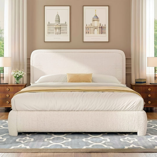 Boucle Upholstered Platform Bed Frame With Headboard, Modern Style, Soft Rounded Corners, No Box Spring Required, Easy Assembly