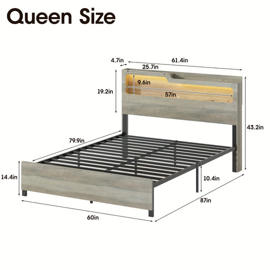 Full Size Bed Frame With 2-Tier Headboard, Metal Platform Bed Frame RGB Led Lights With Charging Station, No Box Spring Needed