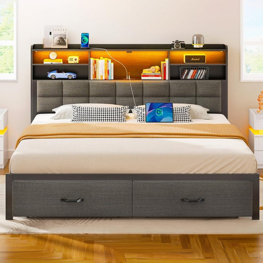 Bed Frame Full/Queen/King Size with Drawers and Charging Station, Upholstered Platform Bed with Storage Headboard and LED Light, Heavy Duty Metal Frame Support, No Box Spring Needed, Noise Free,