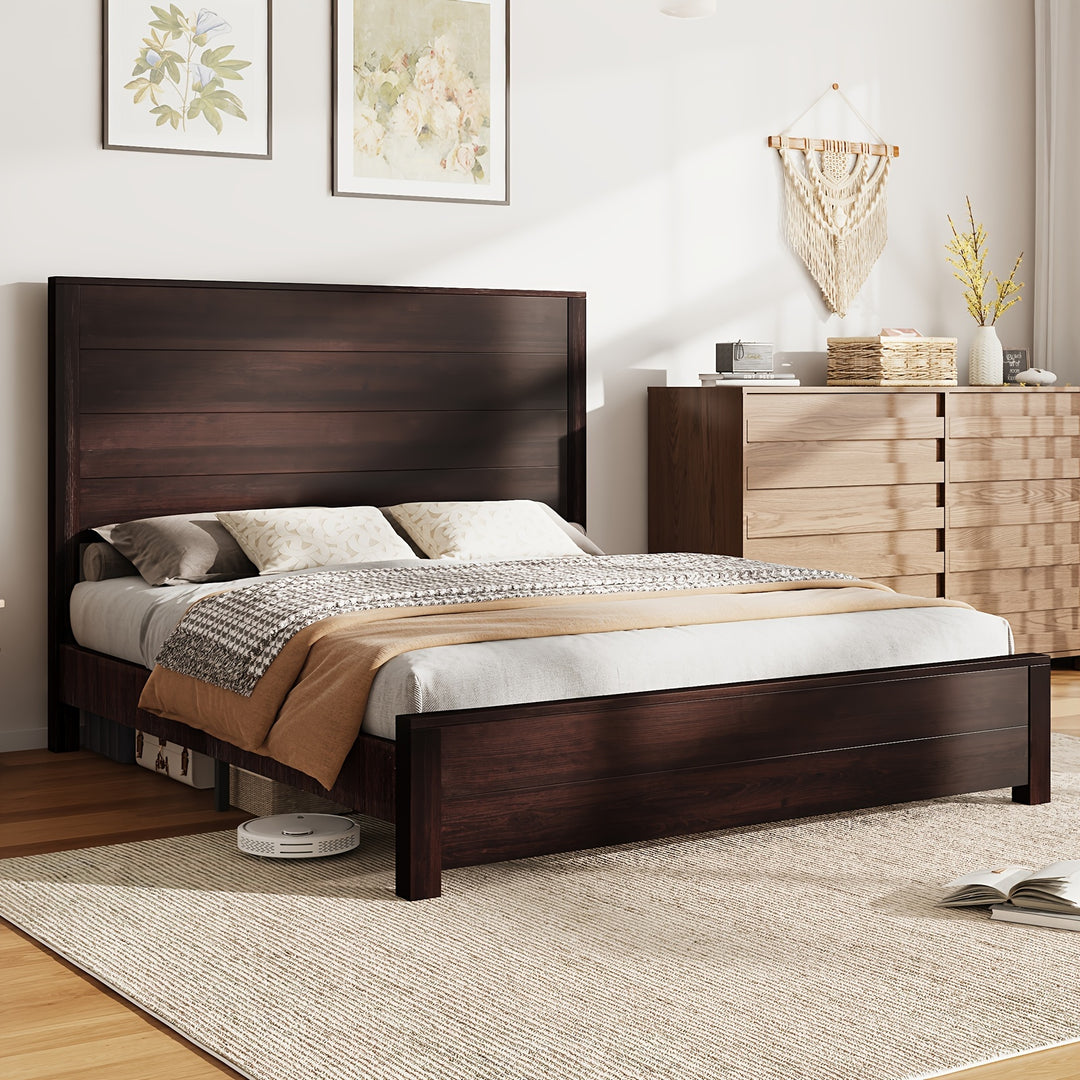 Rustic Solid Wood Platform Bed Frame With Spliced Headboard, Noise-Free Slat Support, No Box Spring Needed